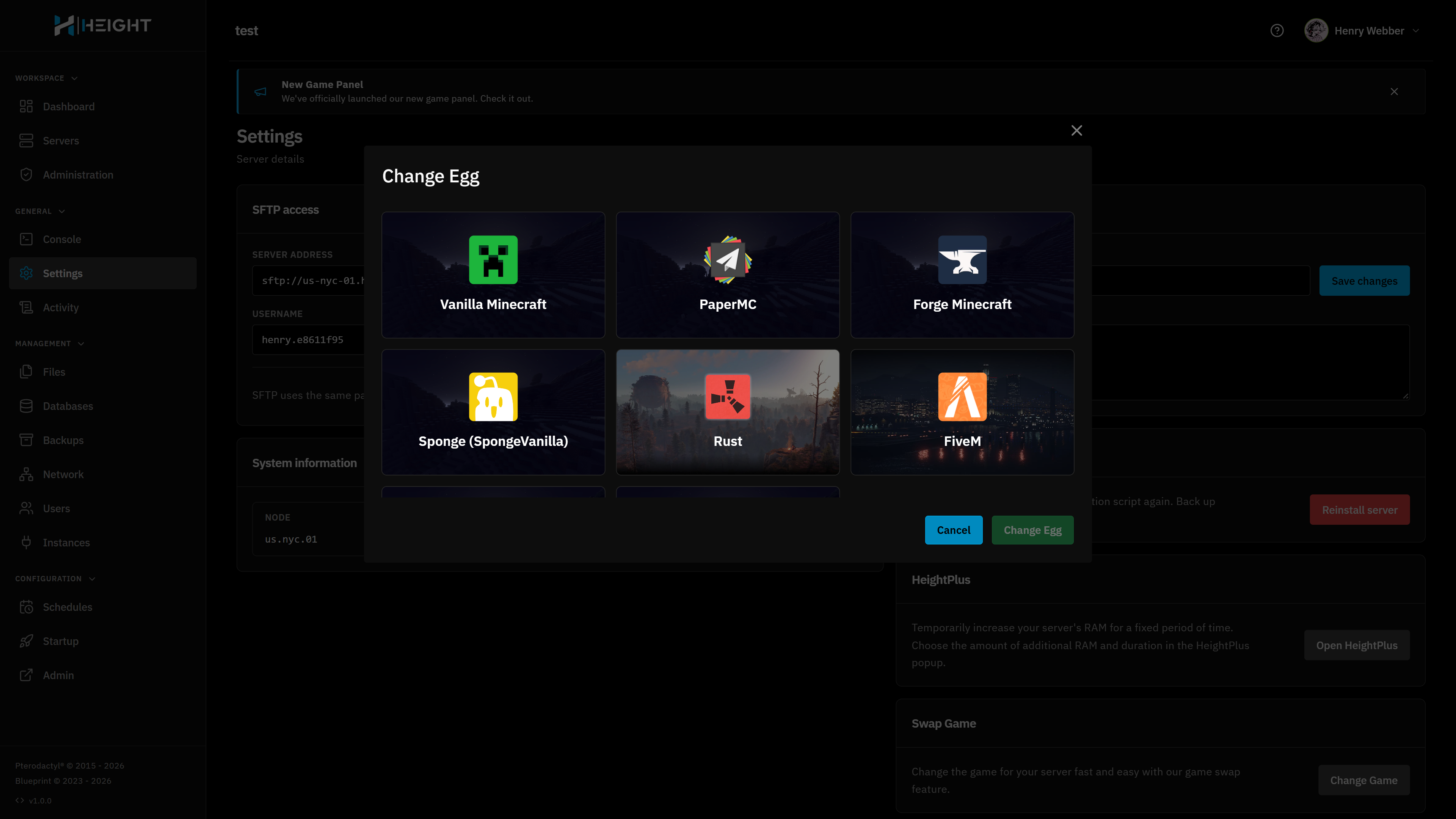 The server properties editor in the hosting panel